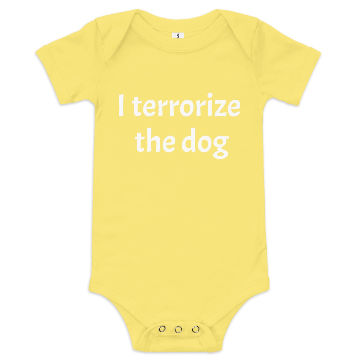 Sarcastic Baby “I terrorize the dog” Onesie